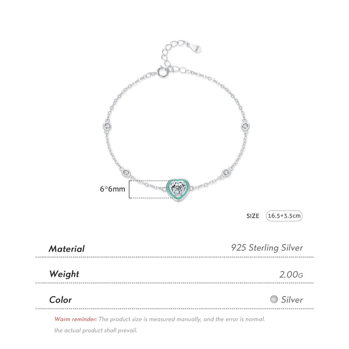 Ig Style Sweet Heart Shape Sterling Silver Epoxy Plating Inlay Zircon Rhodium Plated Bracelets