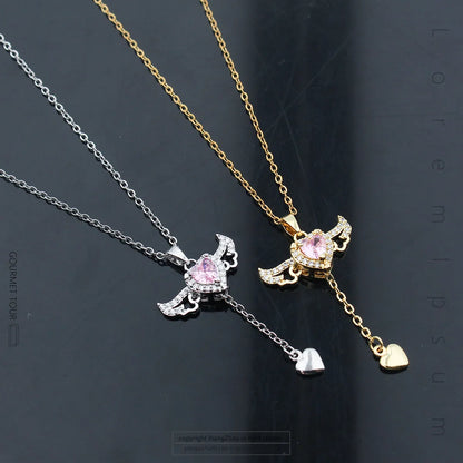 Ig Style Sweet Heart Shape Wings Titanium Steel Copper Plating Inlay Zircon Pendant Necklace