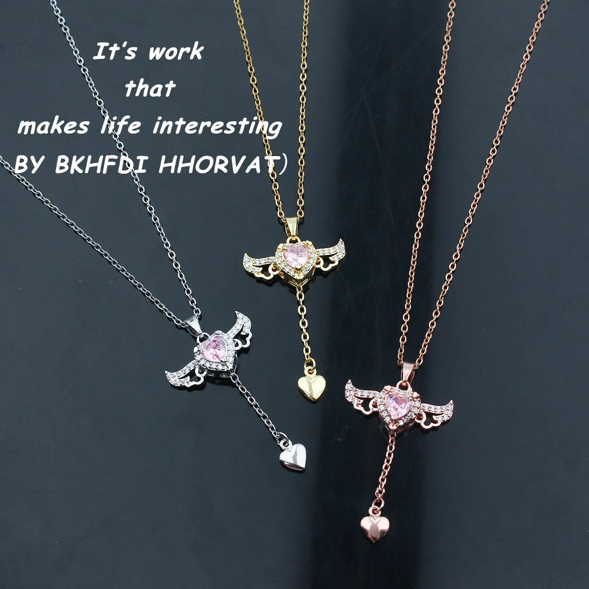 Ig Style Sweet Heart Shape Wings Titanium Steel Copper Plating Inlay Zircon Pendant Necklace