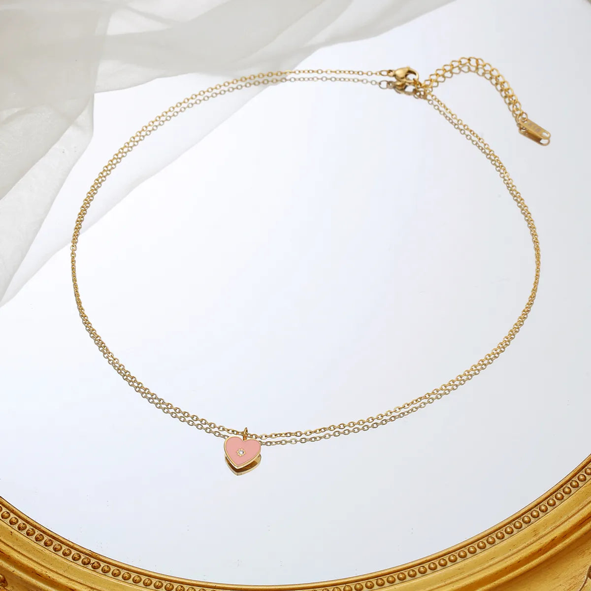 Ig Style Sweet Simple Style Heart Shape Stainless Steel Epoxy Plating Inlay Zircon 18k Gold Plated Pendant Necklace