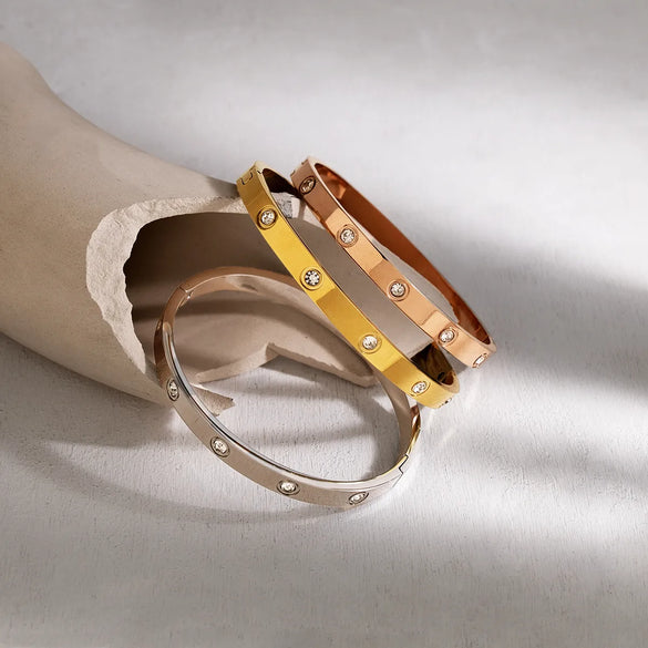 IG Style Vacation French Style Geometric Circle Round 304 Stainless Steel 18K Gold Plated Rose Gold Plated Zircon Bangle In Bulk