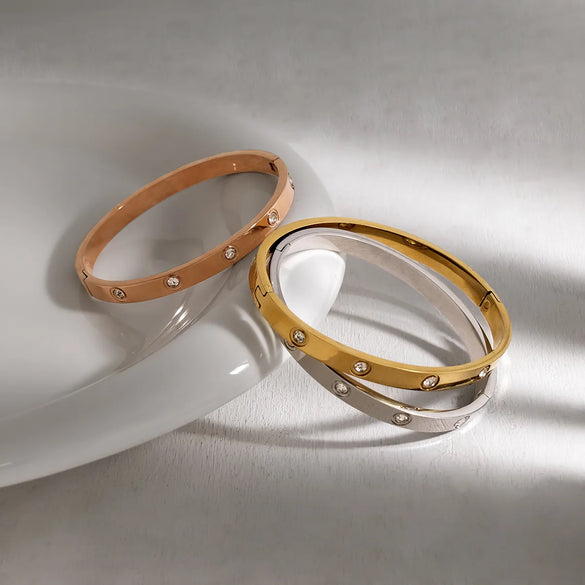 IG Style Vacation French Style Geometric Circle Round 304 Stainless Steel 18K Gold Plated Rose Gold Plated Zircon Bangle In Bulk