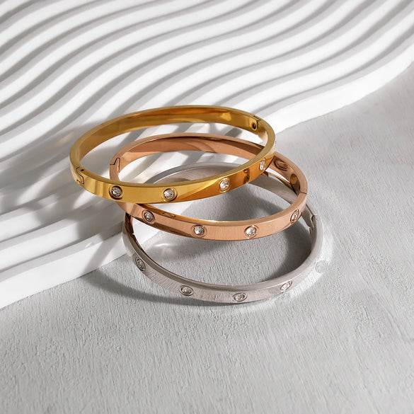 IG Style Vacation French Style Geometric Circle Round 304 Stainless Steel 18K Gold Plated Rose Gold Plated Zircon Bangle In Bulk