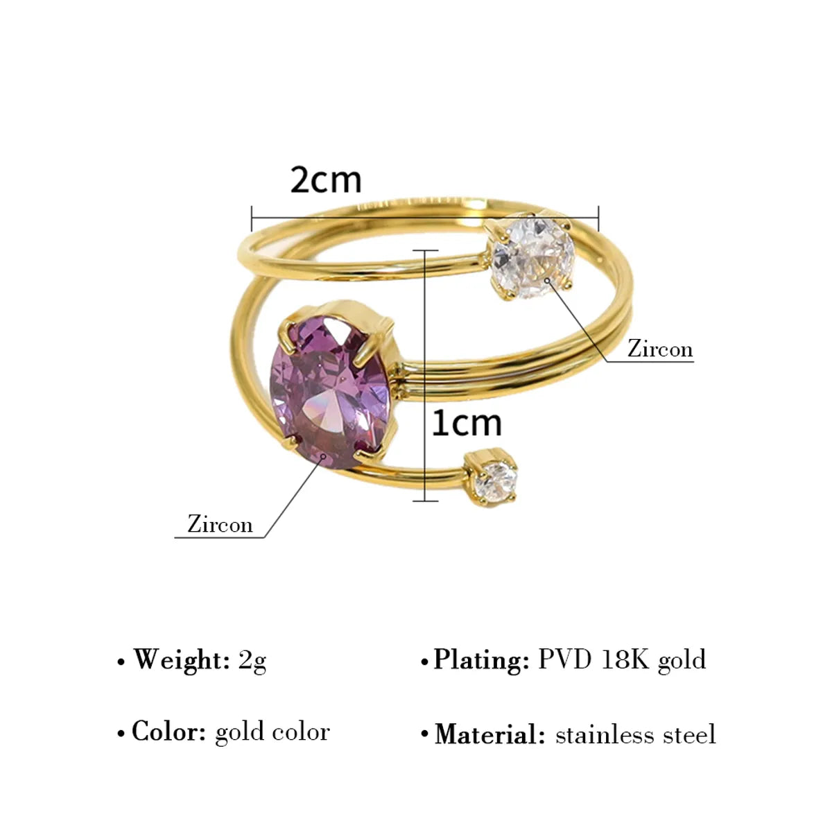 Wholesale Jewelry IG Style Vacation French Style Geometric 304 Stainless Steel Zircon 18K Gold Plated Plating Inlay Open Rings