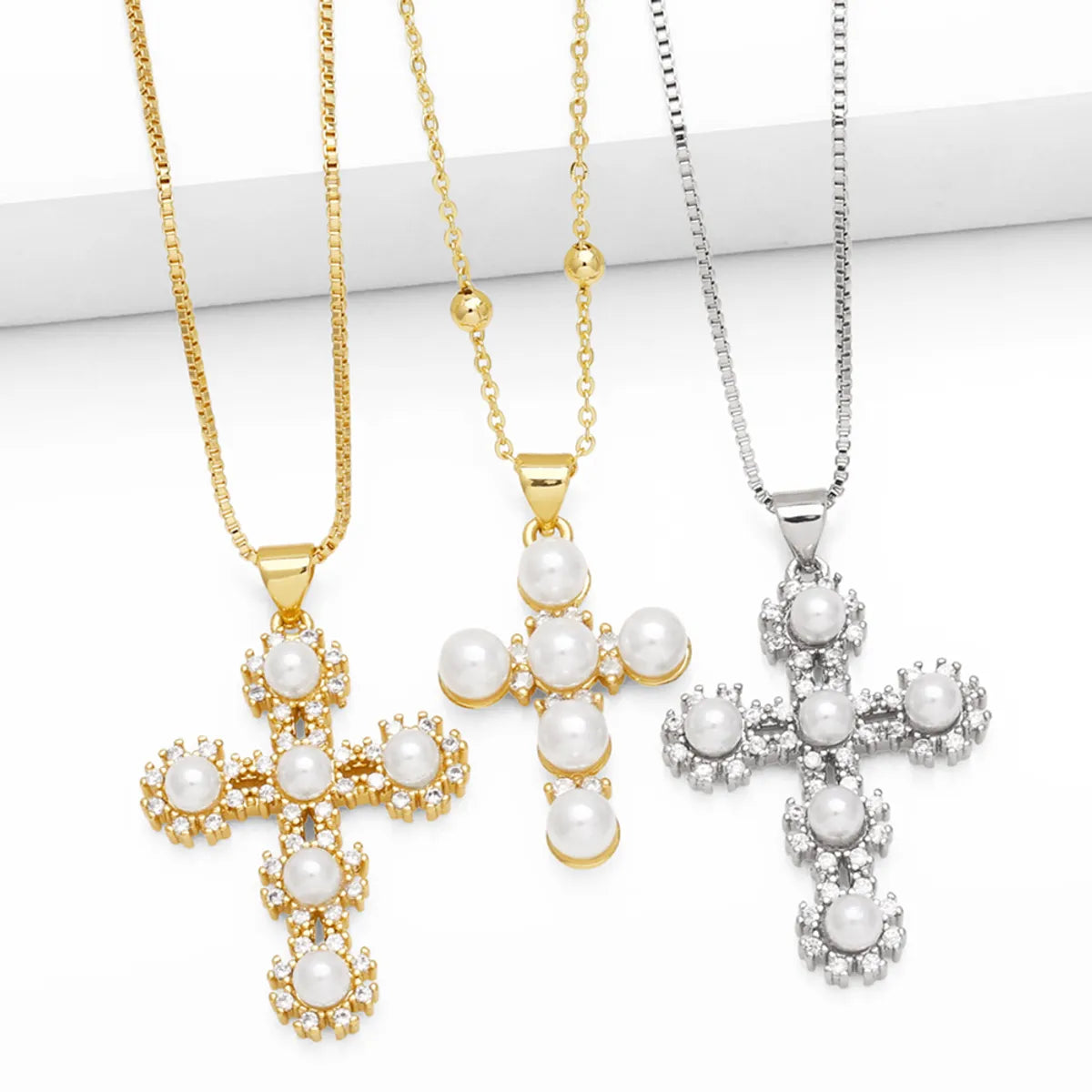 Ig Style Vintage Style Fashion Cross Copper Plating Inlay Pearl Zircon 18k Gold Plated Necklace