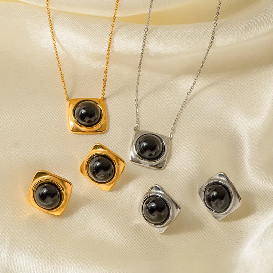 Ig Style Vintage Style Square Stainless Steel Plating Inlay Agate 18k Gold Plated Jewelry Set