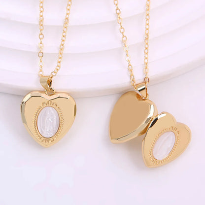 Ig Style Virgin Mary Heart Shape Shell Copper Plating Inlay Carving Shell 18k Gold Plated Pendant Necklace