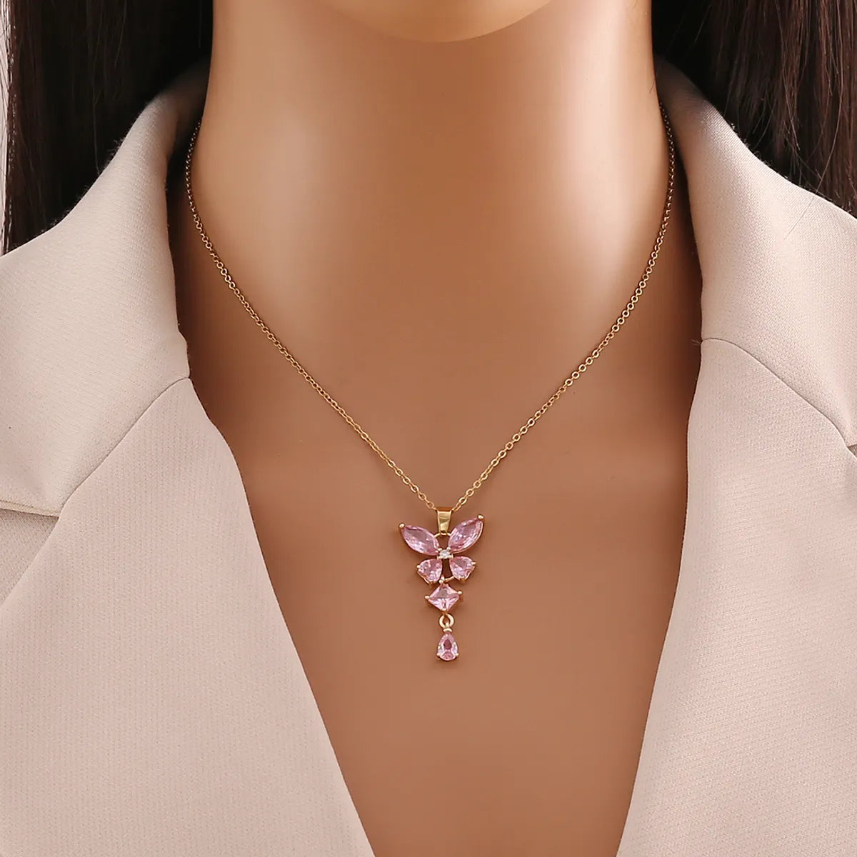 Wholesale IG Style Wedding Romantic Butterfly Stainless Steel Copper Plating Inlay 18K Gold Plated Glass Pendant Necklace