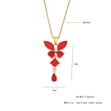 Wholesale IG Style Wedding Romantic Butterfly Stainless Steel Copper Plating Inlay 18K Gold Plated Glass Pendant Necklace