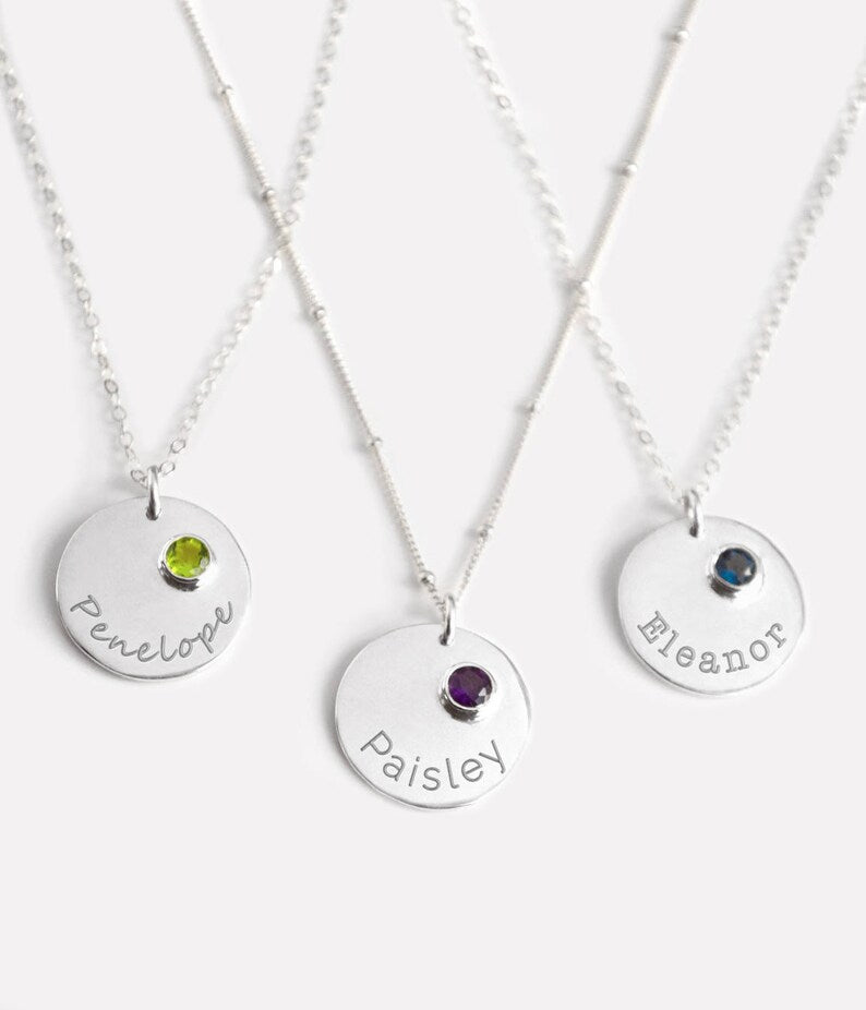 Disc Birthstone Necklace, Name Necklace, Personalized Bridesmaid Necklace, Engraved Gemstone Disk Necklace, Custom Name Necklace nameplate