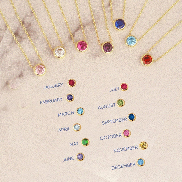 14k 18k Solid Gold Birthstone Bezel Necklace, Dainty Solitaire Birthstone Gold Necklace, Delicate CZ Birthstone Gold Necklace gift for Her.