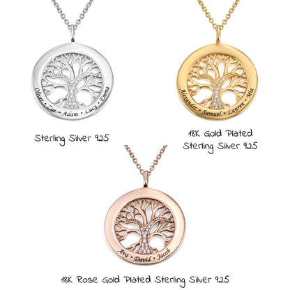 Personalized Custom Engraved Gold Family Tree Circle Pendant Necklace Cubic Zirconia • Customized Jewelry for Her • Christmas Gift