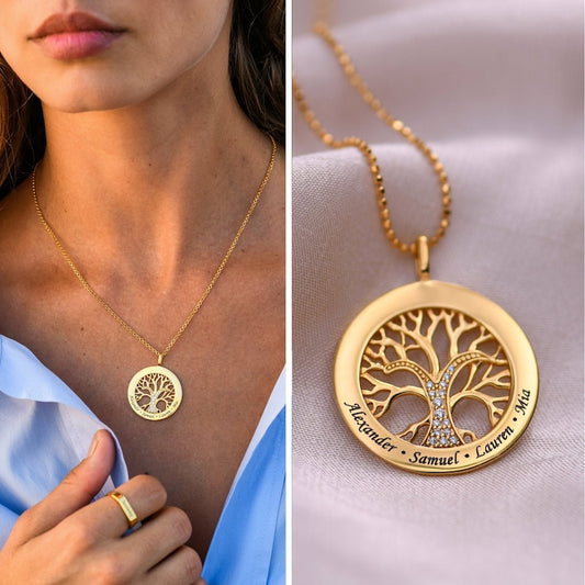 Personalized Custom Engraved Gold Family Tree Circle Pendant Necklace Cubic Zirconia • Customized Jewelry for Her • Christmas Gift