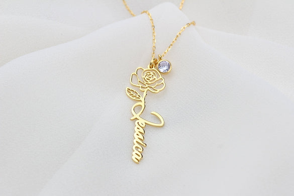 Birth Flower Name Necklace • Silver Birthstone Name Necklace • Custom Name Necklace • Custom Flower Necklace • Personalized Flower Necklace