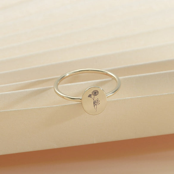 Personalized Birth Flower Ring, Floral Signet Ring, Christmas Gift for Her, Jewelry Gift for Women, Minimalist Birth Month Flower Ring