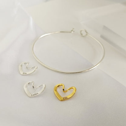 Custom Bangle Bracelet With Heart Shape•Mother Bracelet•Custom Engraved Heart•Personalized Name Bracelet