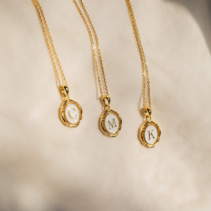 Initial Pendant Necklace • White Enamel & Gold Charm Necklace • Oval Letter Necklace • Birthday Gift for Mom