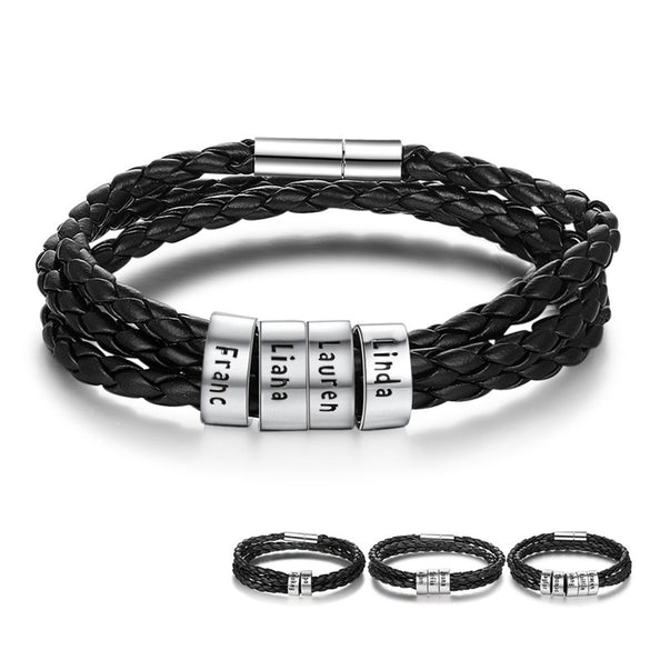 Personalized Family Names Men's Bracelet 925 Sterling Silver Beads Bracelet Father's Day Gifts Genuine Leather Bangle