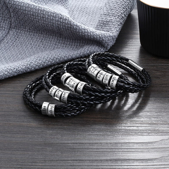 Personalized Family Names Men's Bracelet 925 Sterling Silver Beads Bracelet Father's Day Gifts Genuine Leather Bangle