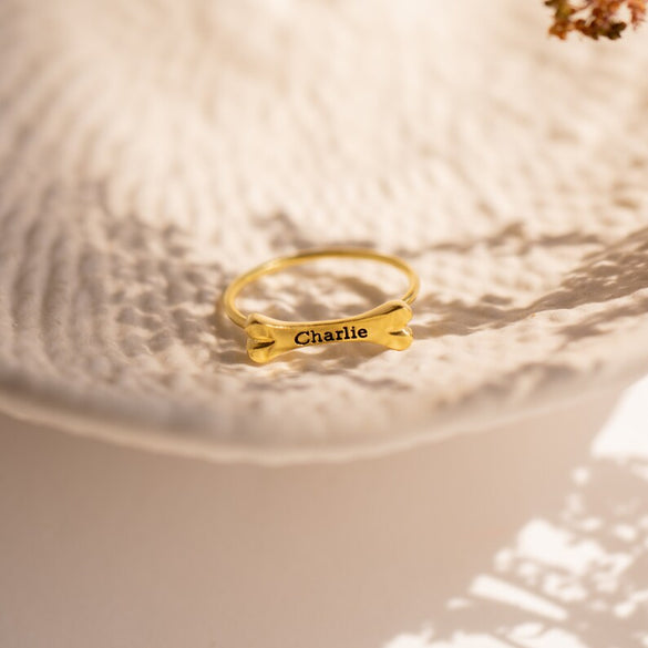 Custom Dog Bone Charm Ring by Caitlyn Minimalist • Engraved Pet Name Memorial Ring with Dainty Gemstone • Pet Lover Gift