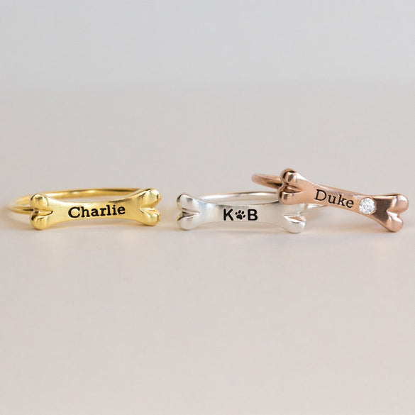 Custom Dog Bone Charm Ring by Caitlyn Minimalist • Engraved Pet Name Memorial Ring with Dainty Gemstone • Pet Lover Gift