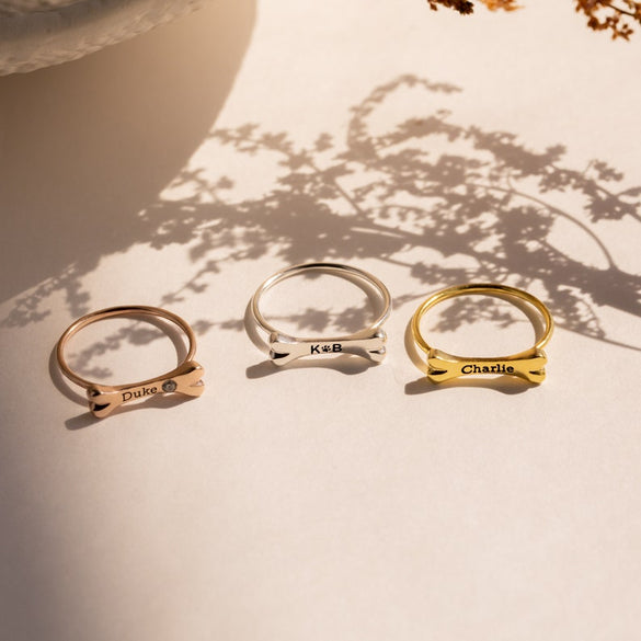 Custom Dog Bone Charm Ring by Caitlyn Minimalist • Engraved Pet Name Memorial Ring with Dainty Gemstone • Pet Lover Gift