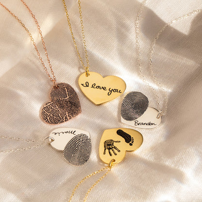 Actual Fingerprint Necklace • Engraved Fingerprint Handwriting Jewelry • Custom Heart Charm • Memorial Necklace • Personalized Gift