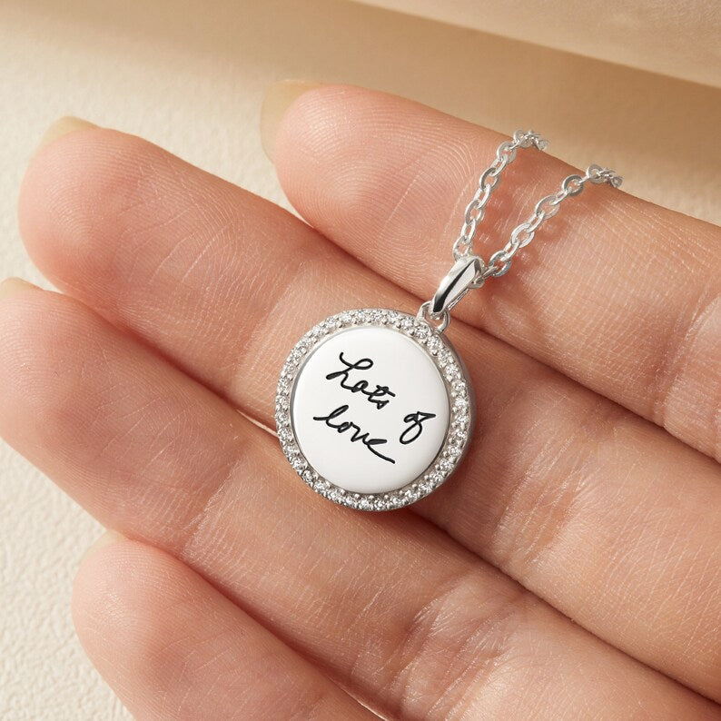 Handwriting Necklace, Memorial Mom Gift, Handwritten Gift, Personalized Handwriting Jewelry,Signature Necklace, CZ stone Necklace