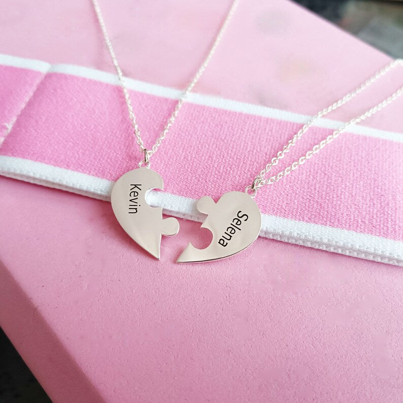 Personalized Engraved Heart Necklaces, Necklaces for Couples, Custom Name Necklaces, Puzzle Necklaces, Valentine's Day Gifts, Gifts for Her