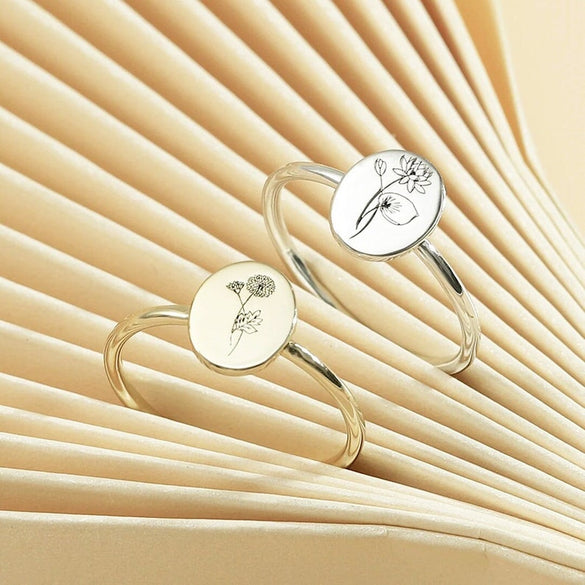 Personalized Birth Flower Ring, Floral Signet Ring, Christmas Gift for Her, Jewelry Gift for Women, Minimalist Birth Month Flower Ring