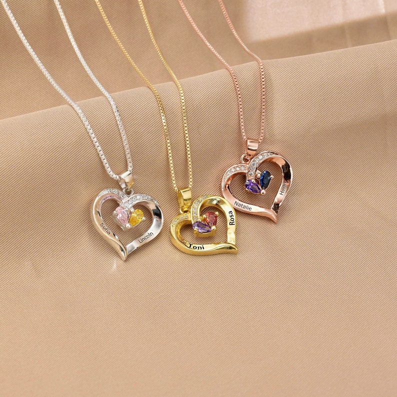 Double Name Necklace,Personalized Heart Shaped Name Necklace With Birthstones, Personalized 2 Name Necklace,Birthstone Necklace,Gift for Her