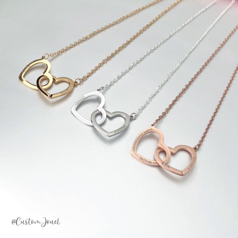 Custom Intertwined Heart Necklace, Engraved Two Interlocking Hearts Necklace, Linked Heart Name Necklace, Personalised Open Heart Necklace