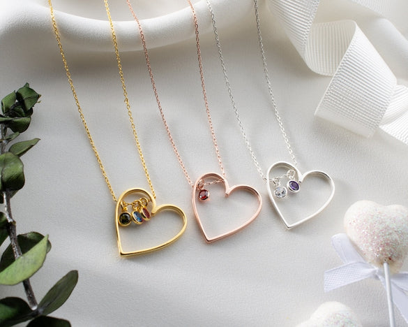 Silver Heart Birthstone Necklace, Family Birthstone Necklace Pendant, Heart Necklace with birthstones, Mother Necklace, Christmas Mom Gift