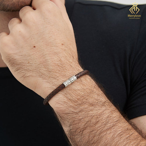 Personalized Mens Bracelet, Handmade Leather Bracelet Name with Silver Beads, Adjustable Mom Bracelet Custom Gifts For Him Kid Dad Boyfriend