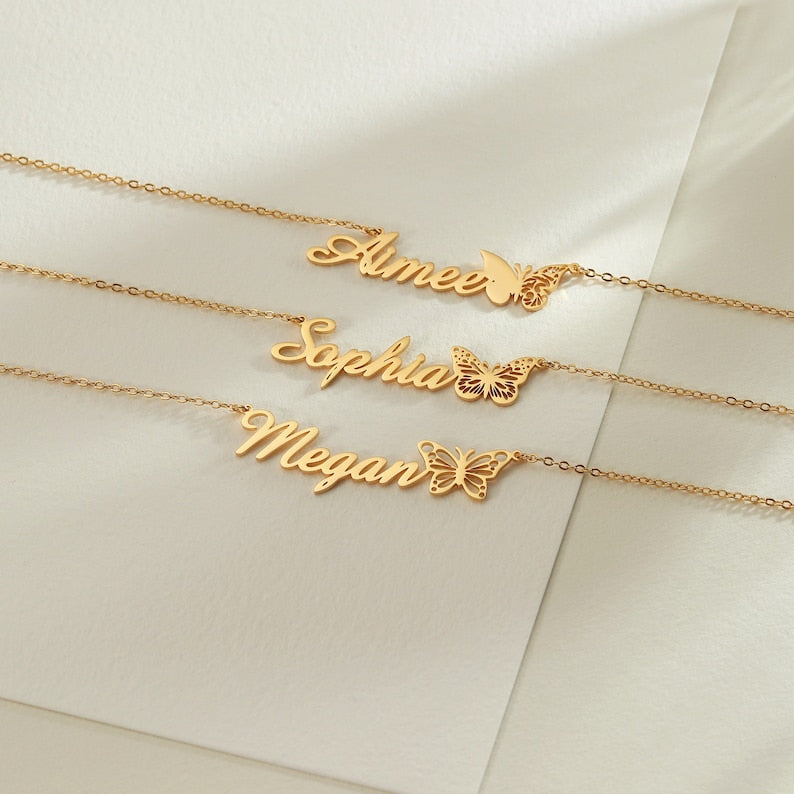 Personalized Name Necklace, 18k Gold Plate Name Necklace with Butterfly, Birth Butterfly, Minimalist Necklace, Best Gift for Her Birthday