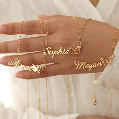 Personalized Name Necklace, 18k Gold Plate Name Necklace with Butterfly, Birth Butterfly, Minimalist Necklace, Best Gift for Her Birthday