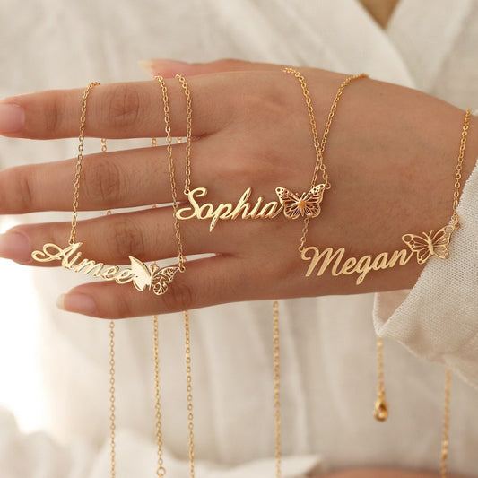 Personalized Name Necklace, 18k Gold Plate Name Necklace with Butterfly, Birth Butterfly, Minimalist Necklace, Best Gift for Her Birthday