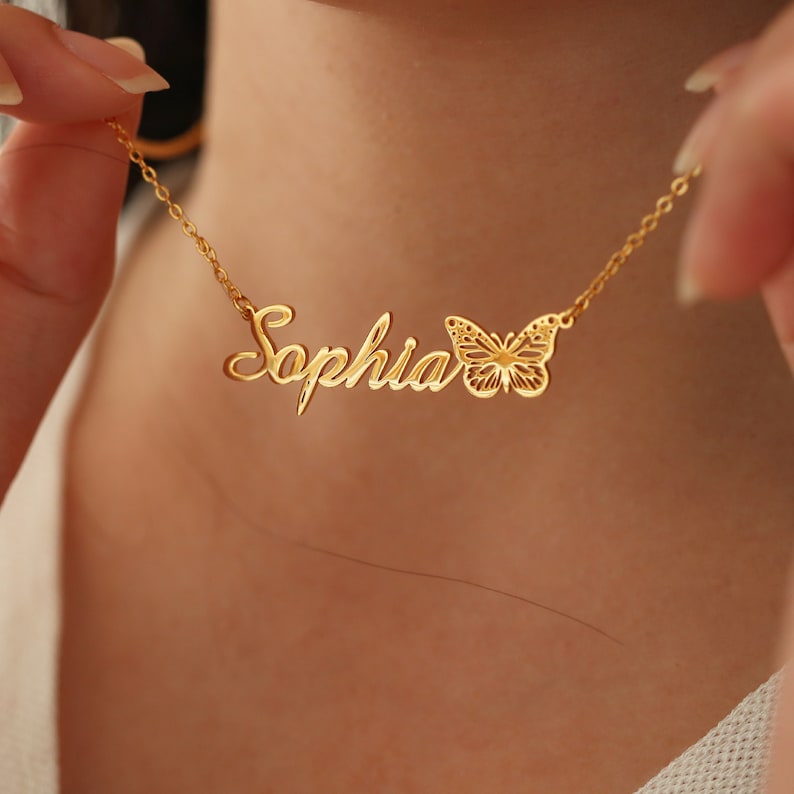 Personalized Name Necklace, 18k Gold Plate Name Necklace with Butterfly, Birth Butterfly, Minimalist Necklace, Best Gift for Her Birthday