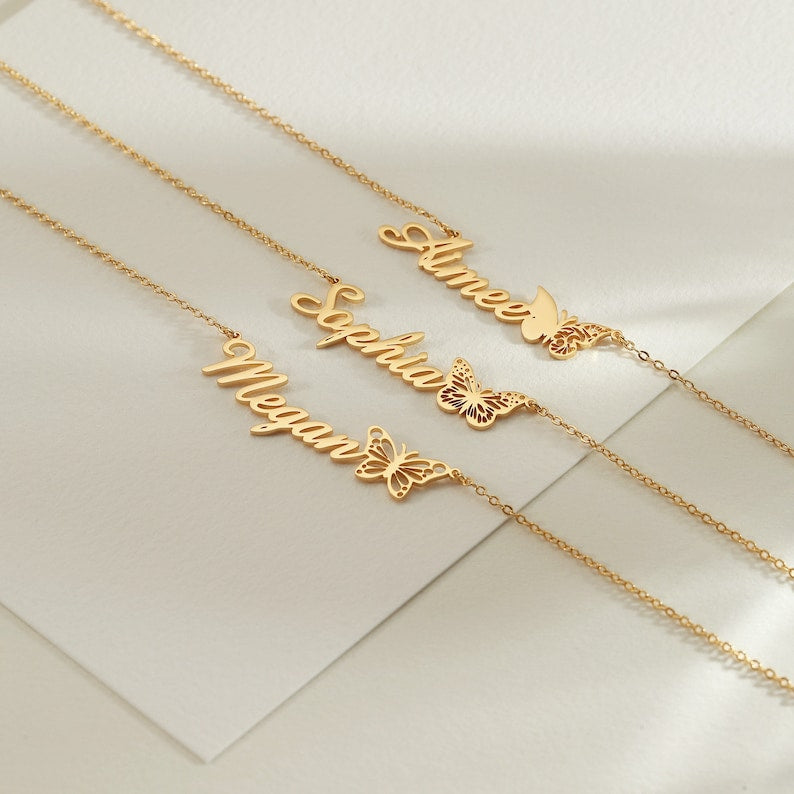 Personalized Name Necklace, 18k Gold Plate Name Necklace with Butterfly, Birth Butterfly, Minimalist Necklace, Best Gift for Her Birthday