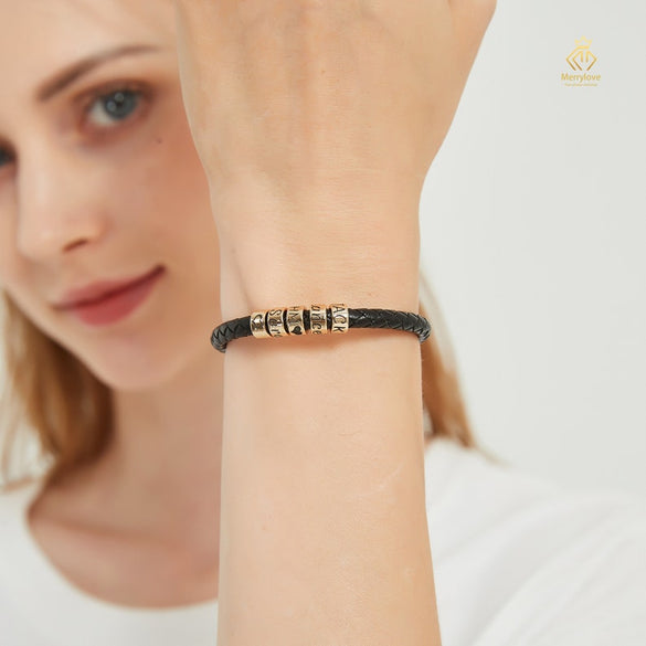 Personalized Mens Bracelet, Handmade Leather Bracelet Name with Silver Beads, Adjustable Mom Bracelet Custom Gifts For Him Kid Dad Boyfriend