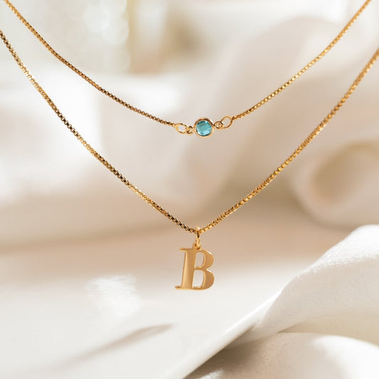 Custom Layered Birthstone Initial Necklace, Personalized Initial Necklace With Birthstone, Two Layered Birthstone Necklace, Christmas Gifts