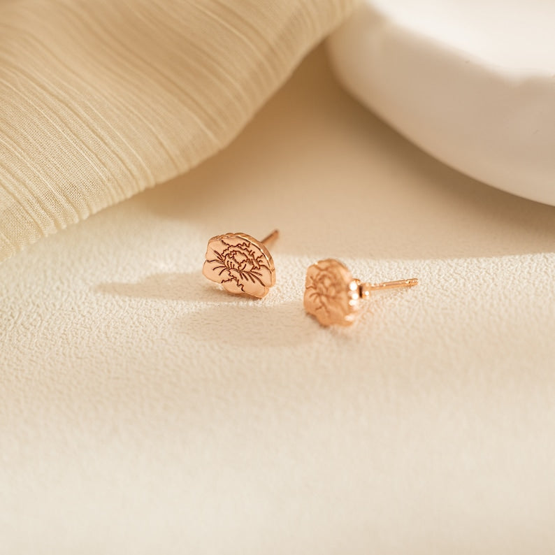 Personalized Birth Flower Stud Earrings, Rose Gold Flower Earrings, Blooming Birth Flower Earring in 18K Gold, Birthday Gift for Mother Her