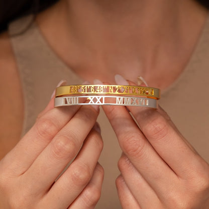 Custom Cuff Bracelet • Personalized Bracelet: Coordinates, Dates, Roman Numerals • Anniversary Gift for Her