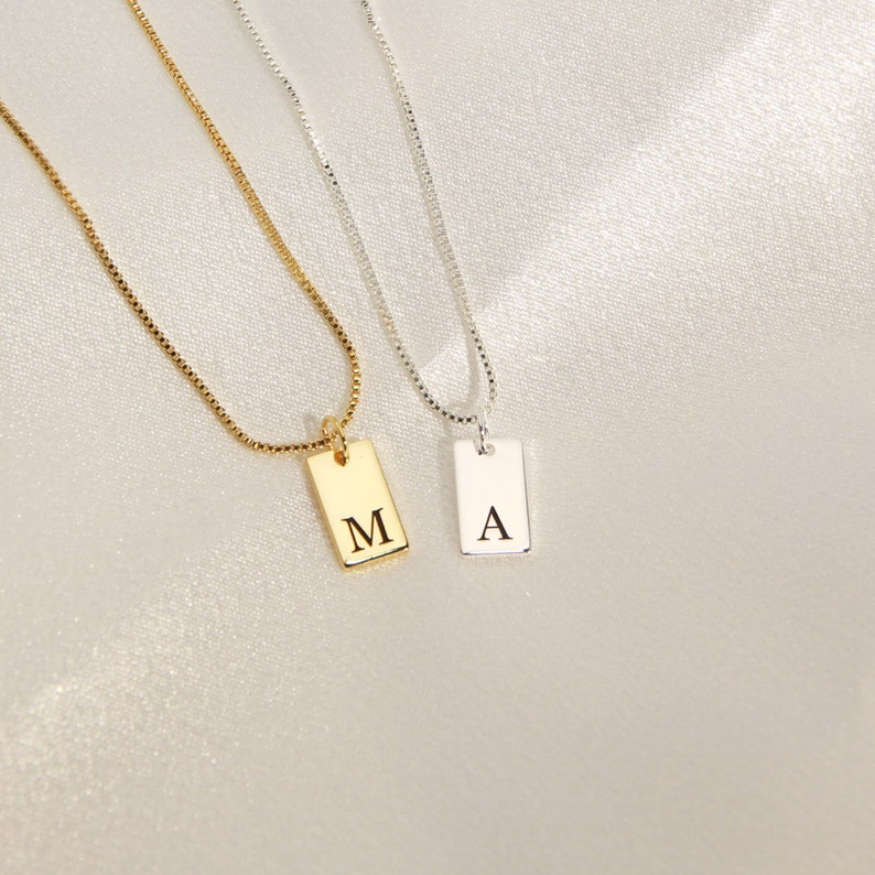 Custom Initial Necklace,Dainty Initial Tag Necklace,Gold Bar Tag Necklace,Engraved Letter Pendant Necklace,Bridesmaid Gift,Gift For Mom