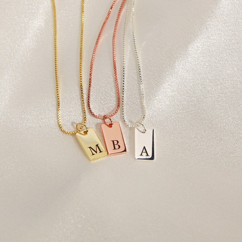 Custom Initial Necklace,Dainty Initial Tag Necklace,Gold Bar Tag Necklace,Engraved Letter Pendant Necklace,Bridesmaid Gift,Gift For Mom