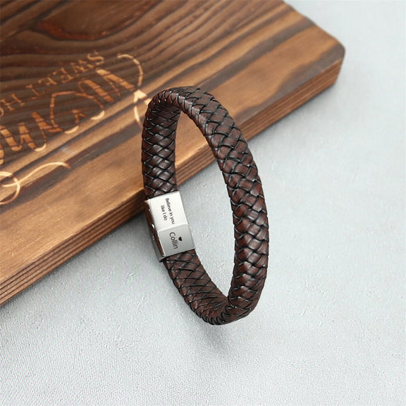 Personalized Men's PU Leather Bracelet Vintage, Stylish, and Durable Father's Day Gift with Engraved Name for Dad, Boyfriend, or Friend