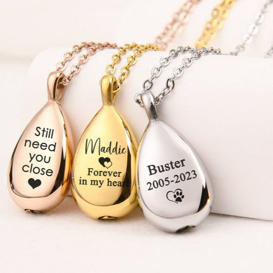 Personalized Teardrop Urn Necklace for Ashes, Cremation Jewelry Necklace,Pet Ashes Keepsake,Dog Cremation Urn,Engraved Pet Memorial Necklace