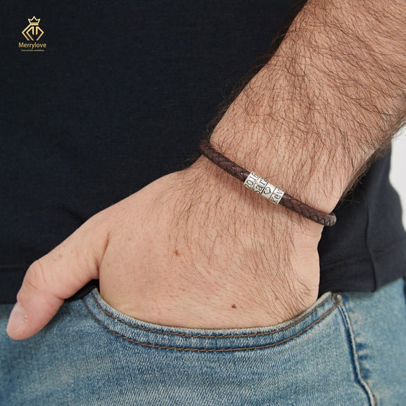 Personalized Mens Bracelet, Handmade Leather Bracelet Name with Silver Beads, Adjustable Mom Bracelet Custom Gifts For Him Kid Dad Boyfriend