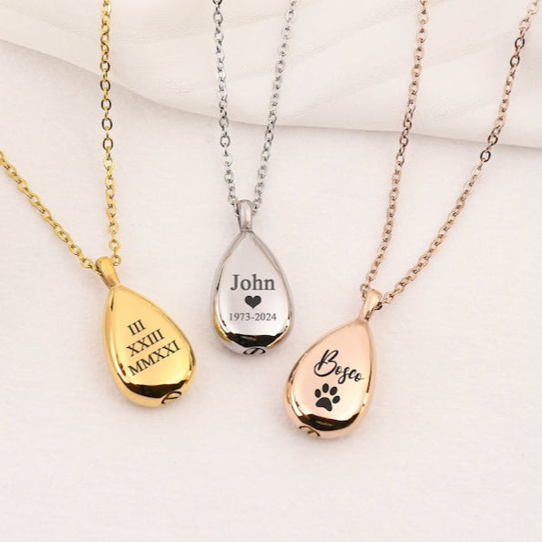 Personalized Teardrop Urn Necklace for Ashes, Cremation Jewelry Necklace,Pet Ashes Keepsake,Dog Cremation Urn,Engraved Pet Memorial Necklace