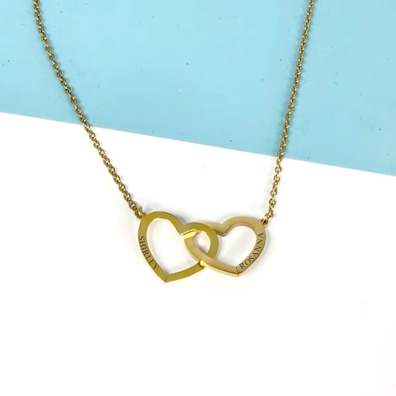 Custom Intertwined Heart Necklace, Engraved Two Interlocking Hearts Necklace, Linked Heart Name Necklace, Personalised Open Heart Necklace